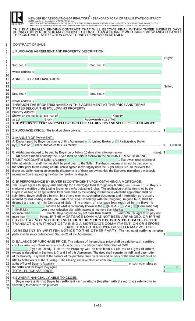 New Jersey Association Of REALTORS   Standard Form Of Real Estate Contract screenshot