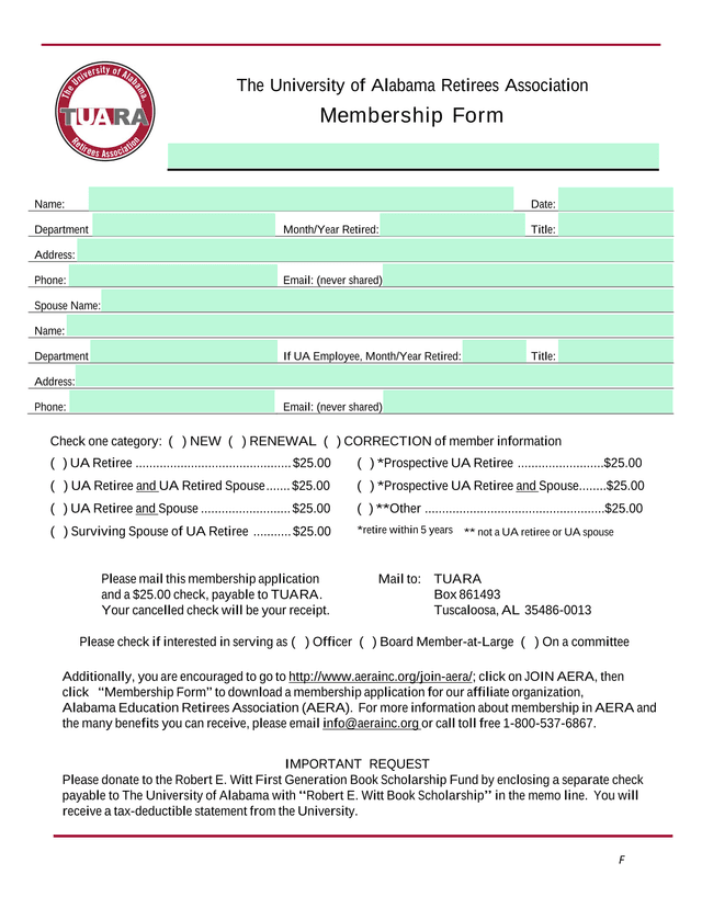The University Of Alabama Retirees Association Membership Form screenshot