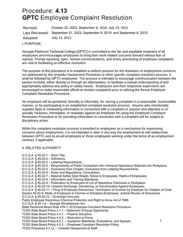 GPTC Employee Complaint Resolution screenshot
