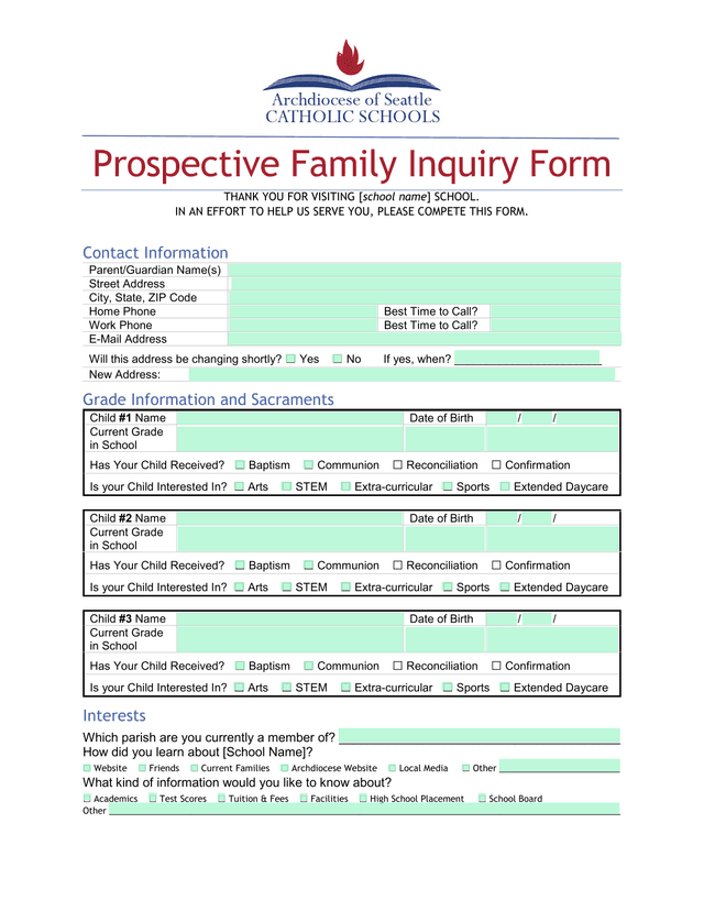 Prospective Family Inquiry Form screenshot