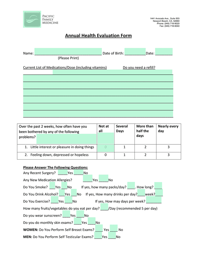 Annual Health Evaluation Form screenshot