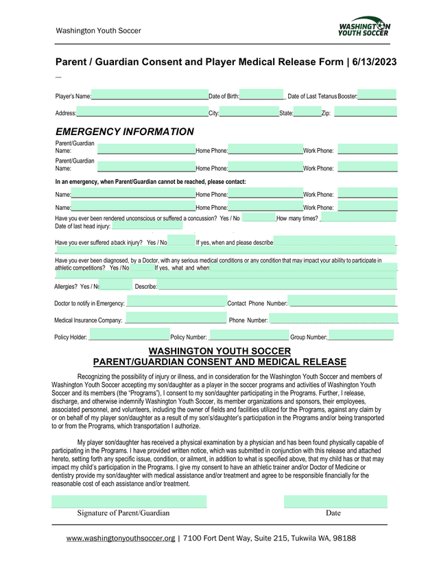Parent  Guardian Consent And Player Medical Release Form screenshot