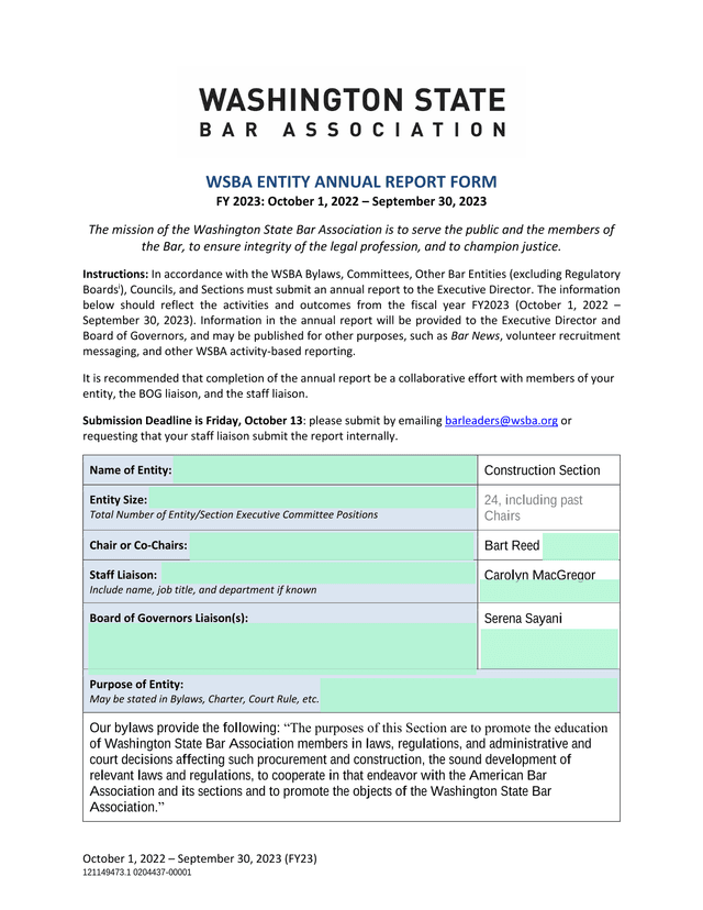 WSBA Entity Annual Report Form screenshot