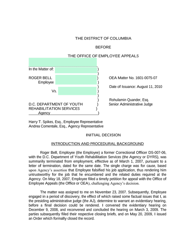 Initial Decision   Roger Bell V. D.C. Department Of Youth Rehabilitation Services screenshot