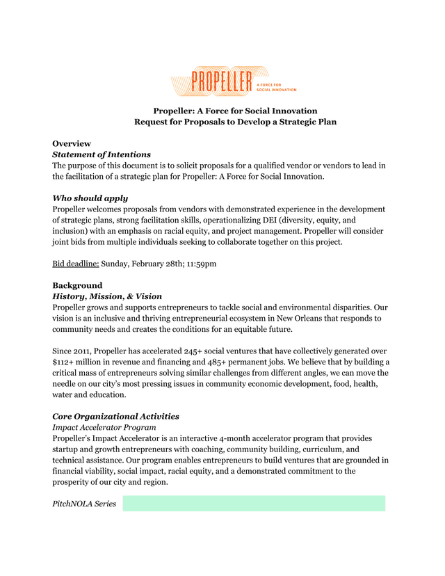Propeller A Force For Social Innovation   Request For Proposals To Develop A Strategic Plan screenshot