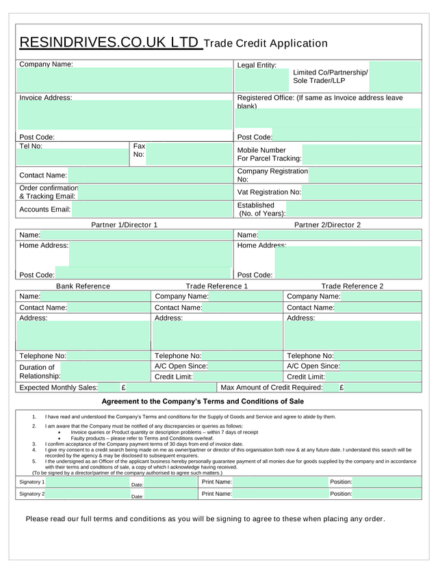 RESINDRIVES.CO.UK LTD Trade Credit Application screenshot