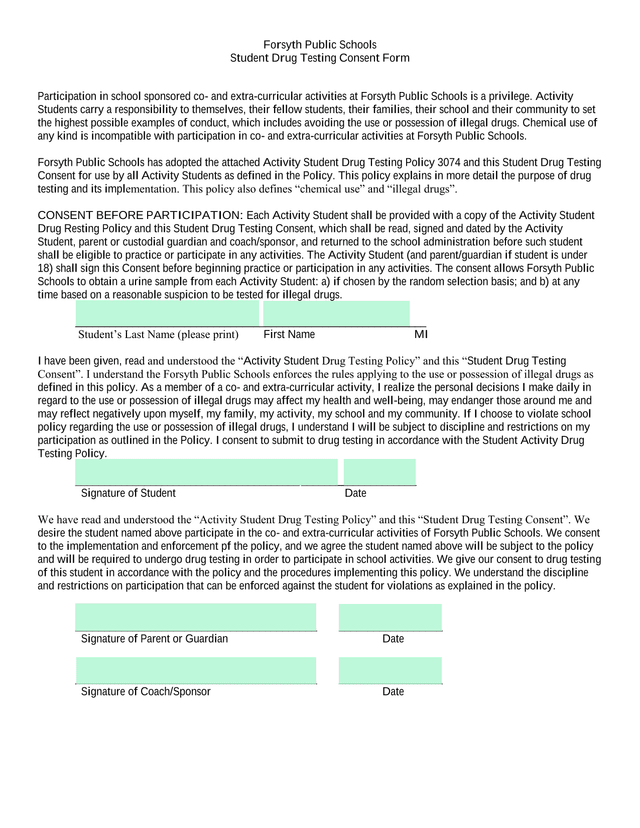 Student Drug Testing Consent Form screenshot