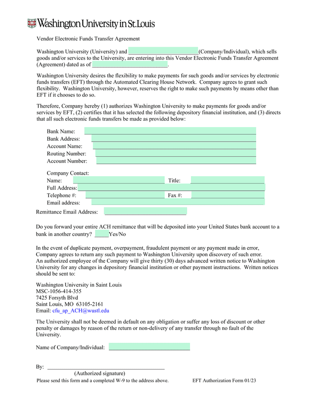 Vendor Electronic Funds Transfer Agreement screenshot