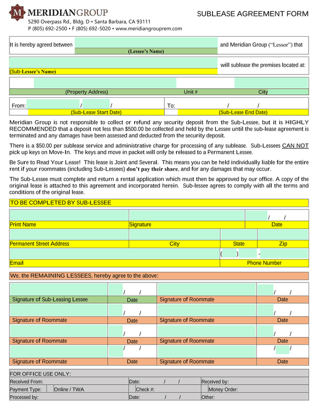 SUBLEASE AGREEMENT FORM screenshot