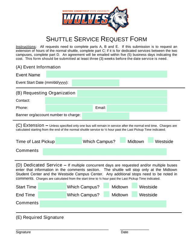 Shuttle Service Request Form screenshot