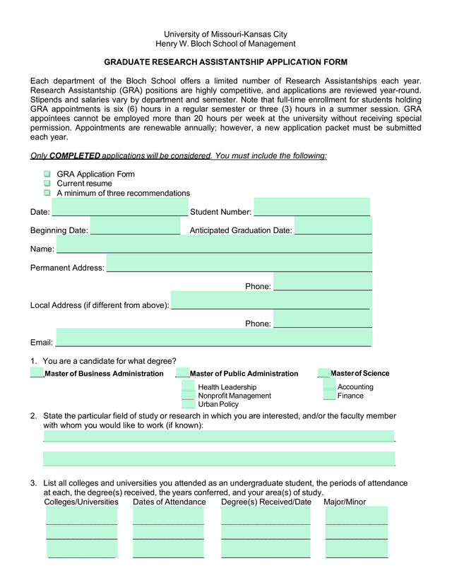 Graduate Research Assistantship Application Form screenshot