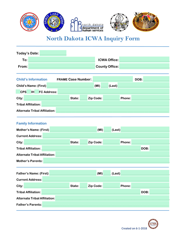 North Dakota ICWA Inquiry Form screenshot