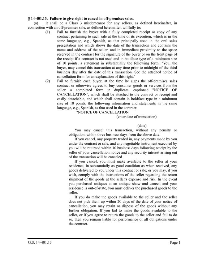 G.S. 14 401.13   Failure To Give Right To Cancel In Off Premises Sales screenshot