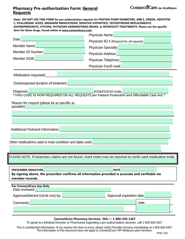 Pharmacy Pre Authorization Form General Requests screenshot