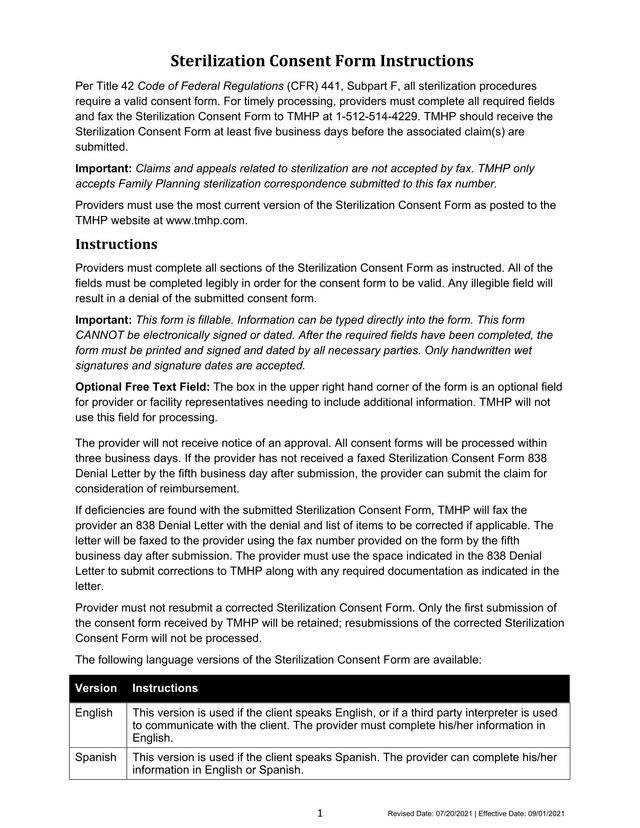 Sterilization Consent Form Instructions screenshot