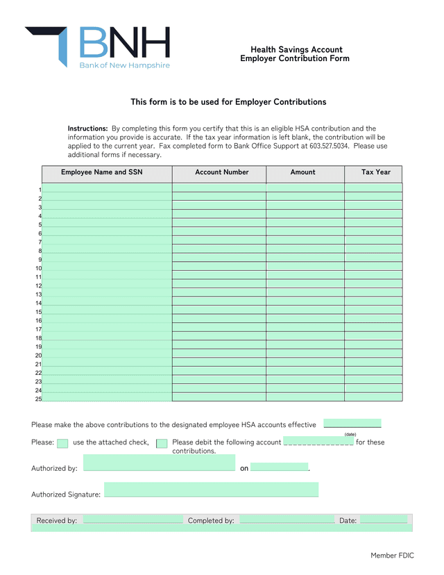 Health Savings Account Employer Contribution Form screenshot