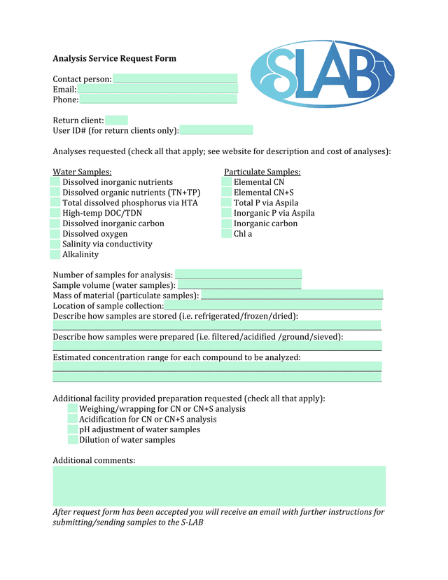 Analysis Service Request Form screenshot