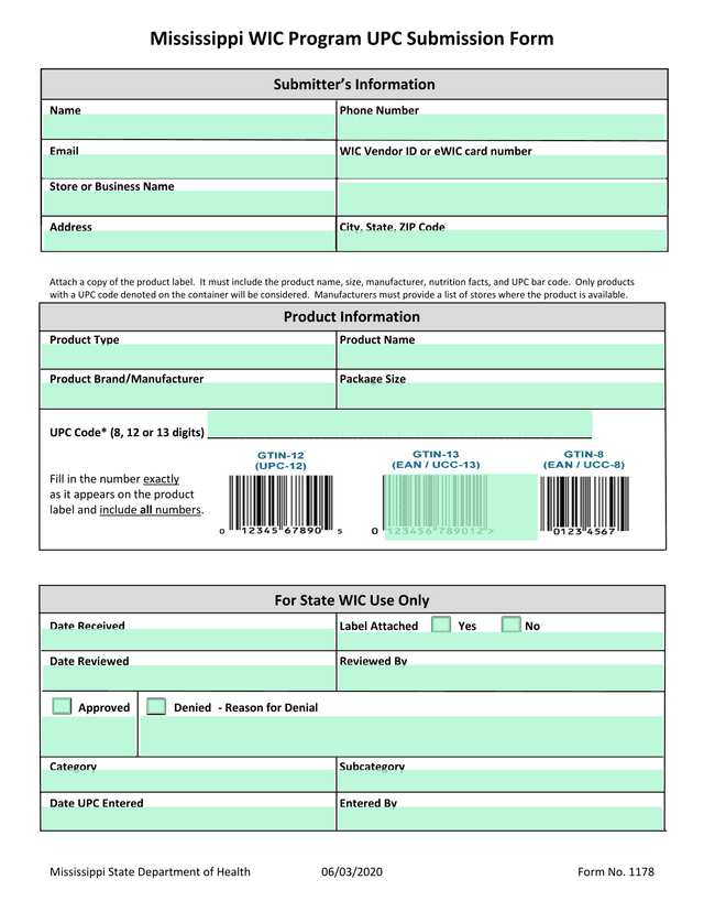 Mississippi WIC Program UPC Submission Form screenshot