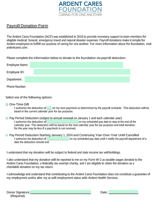 Payroll Donation Form screenshot