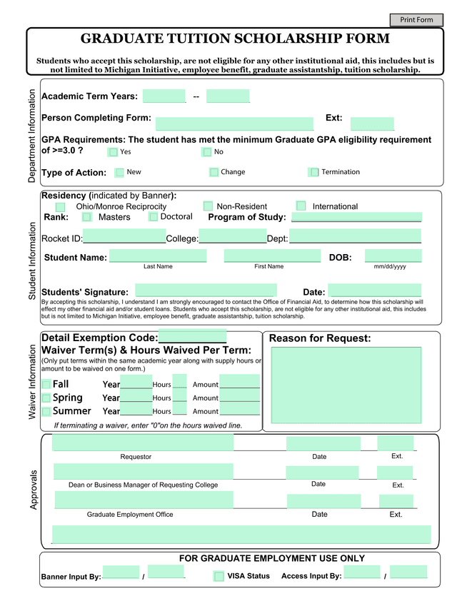 Graduate Tuition Scholarship Form screenshot