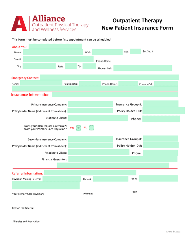 New Patient Insurance Form screenshot