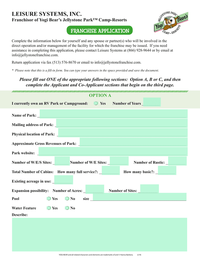Leisure Systems, Inc. Franchise Application screenshot