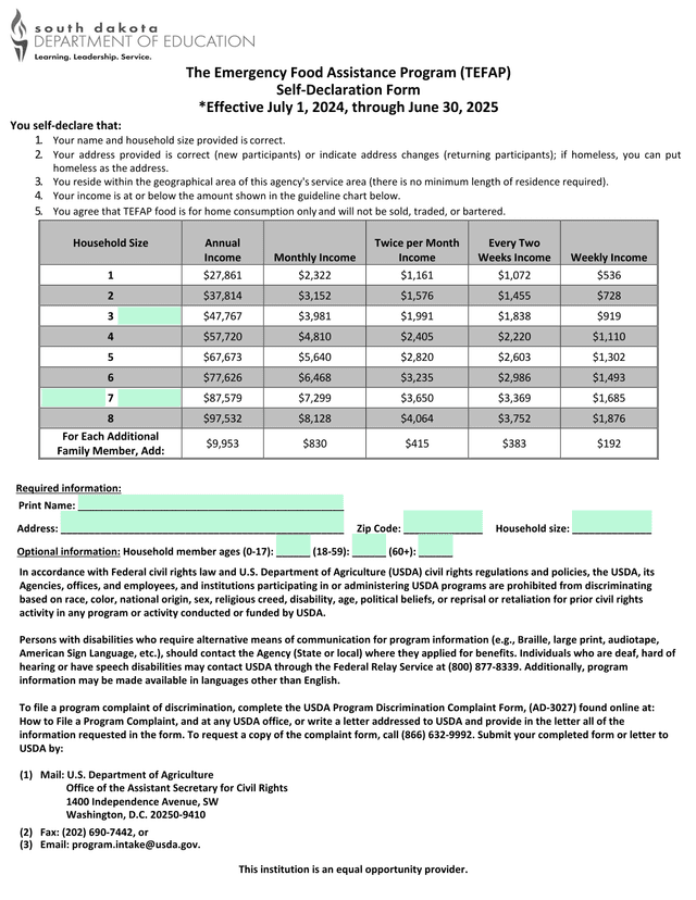 The Emergency Food Assistance Program (TEFAP) Self Declaration Form screenshot
