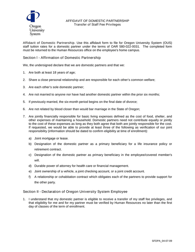 AFFIDAVIT OF DOMESTIC PARTNERSHIP screenshot