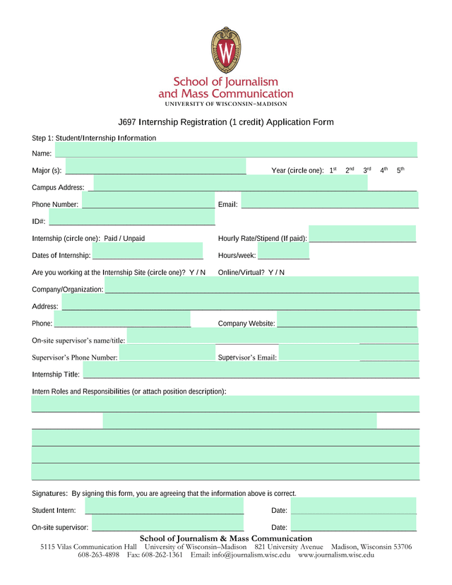 J697 Internship Registration (1 Credit) Application Form screenshot