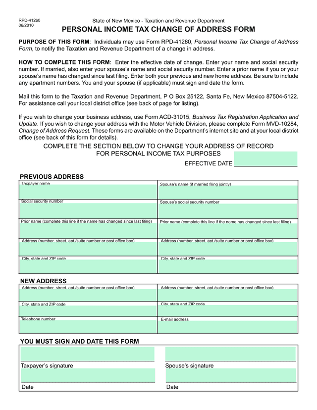 Personal Income Tax Change Of Address Form screenshot