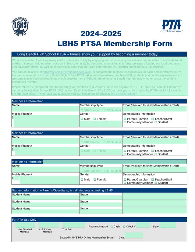 20242025 LBHS PTSA Membership Form screenshot