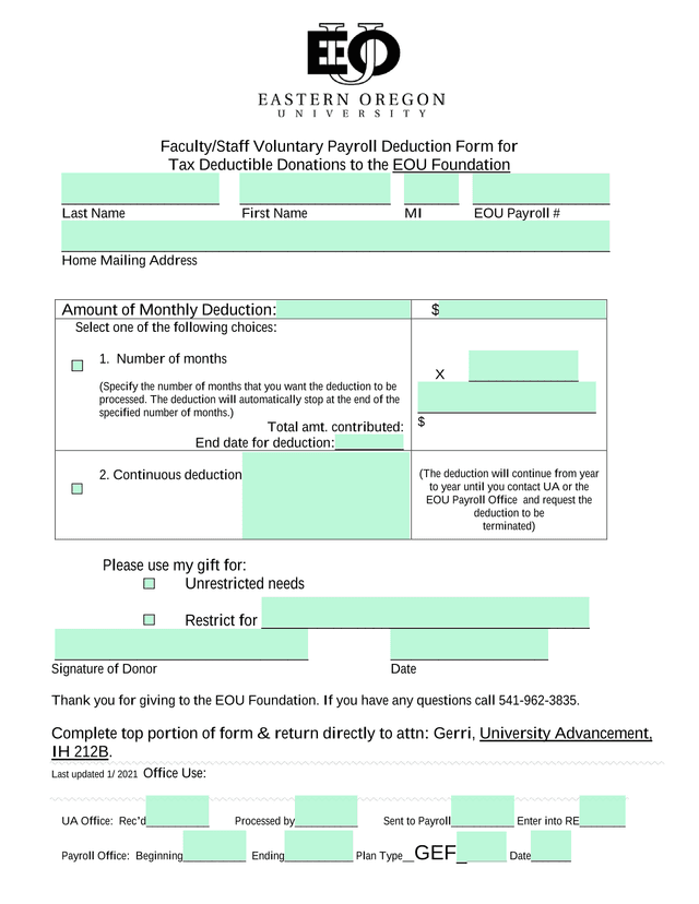 FacultyStaff Voluntary Payroll Deduction Form For Tax Deductible Donations To The EOU Foundation screenshot