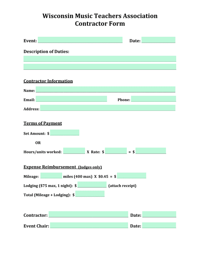 Wisconsin Music Teachers Association Contractor Form screenshot