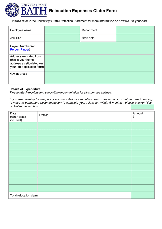 Relocation Expenses Claim Form screenshot
