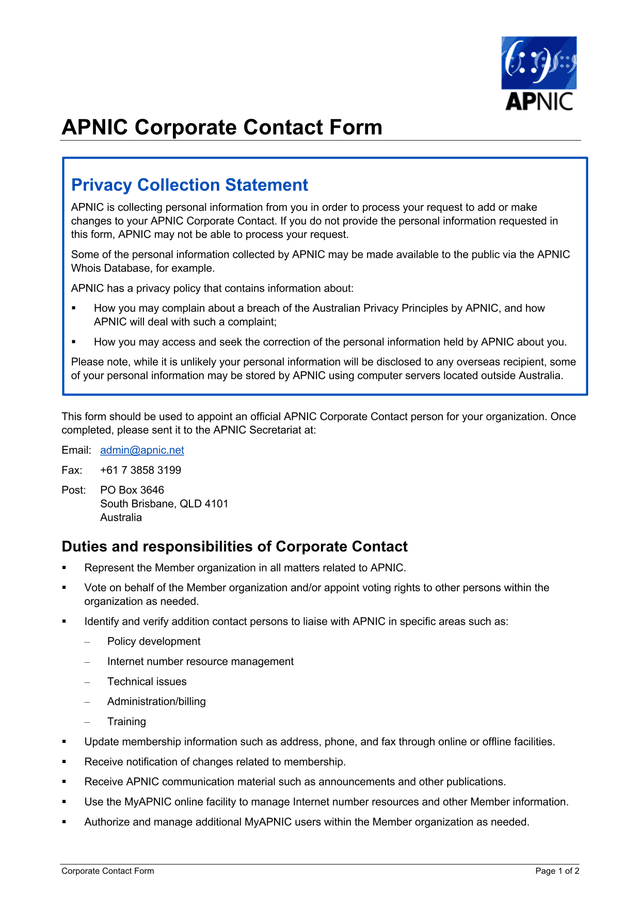 APNIC Corporate Contact Form screenshot