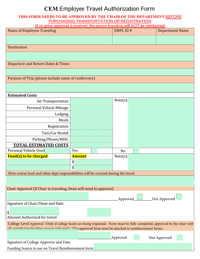 CEM Employee Travel Authorization Form screenshot