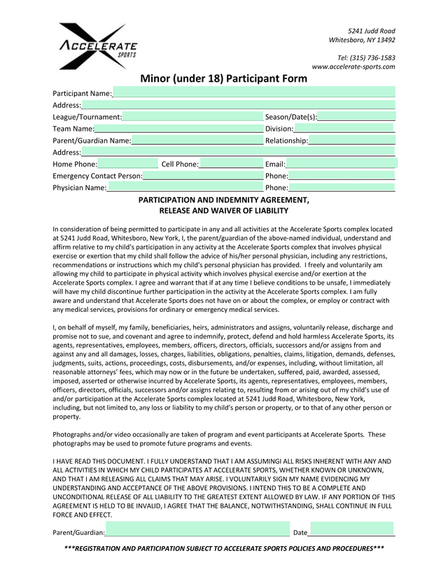 Minor (Under 18) Participant Form screenshot