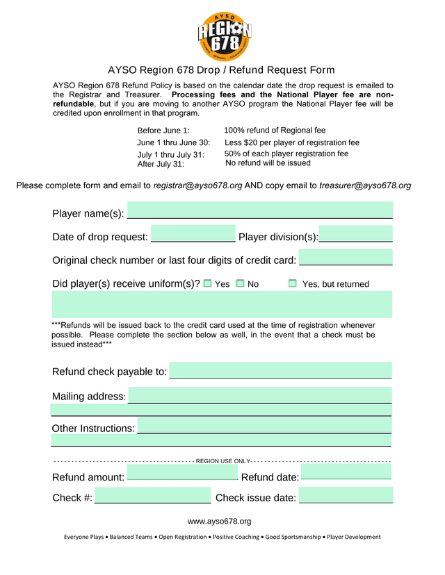 AYSO Region 678 Drop  Refund Request Form screenshot
