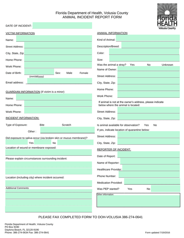 Animal Incident Report Form screenshot