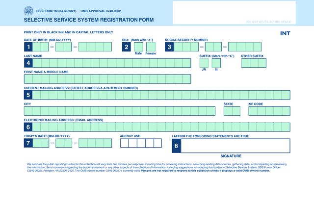 Selective Service System Registration Form screenshot