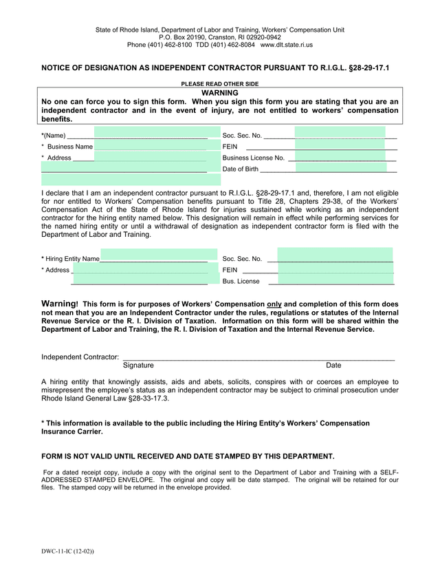 Notice Of Designation As Independent Contractor screenshot