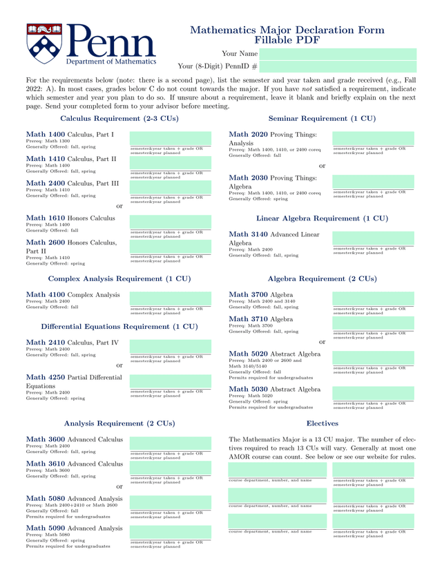 Mathematics Major Declaration Form screenshot