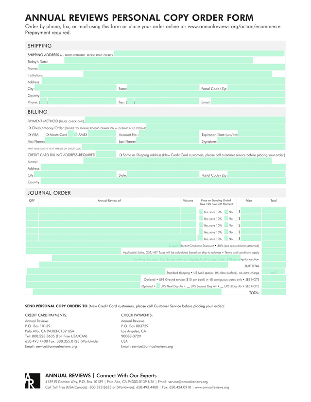 Annual Reviews Personal Copy Order Form screenshot