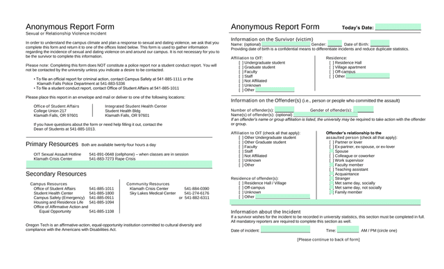 Anonymous Report Form Sexual Or Relationship Violence Incident screenshot
