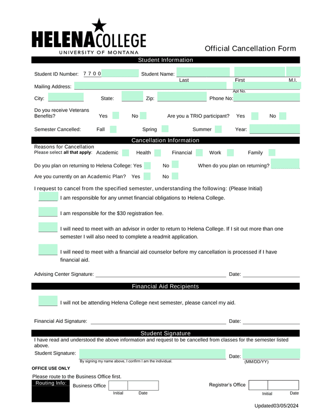 Official Cancellation Form screenshot