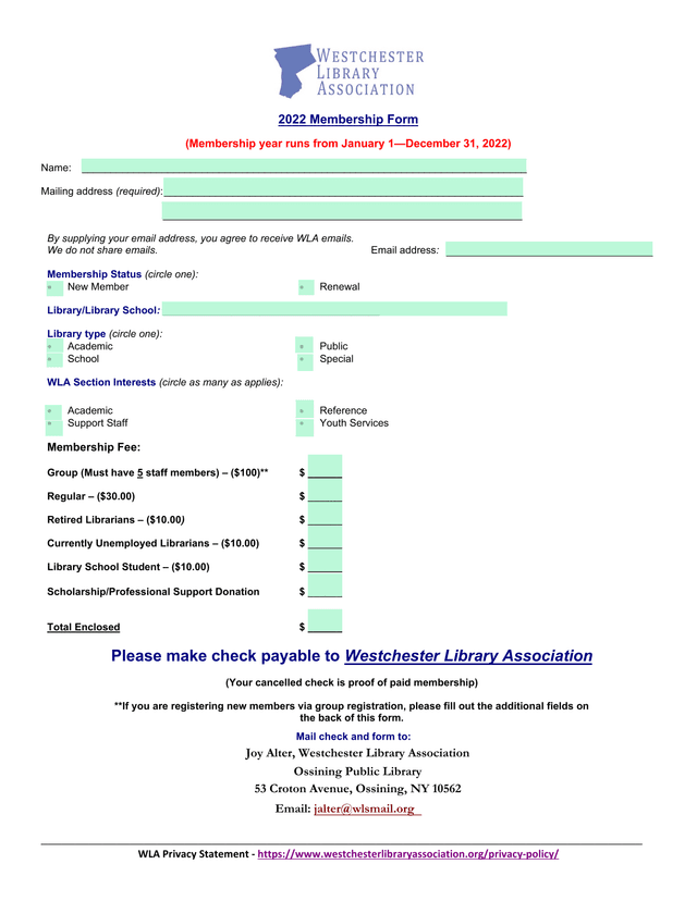 2022 Membership Form screenshot