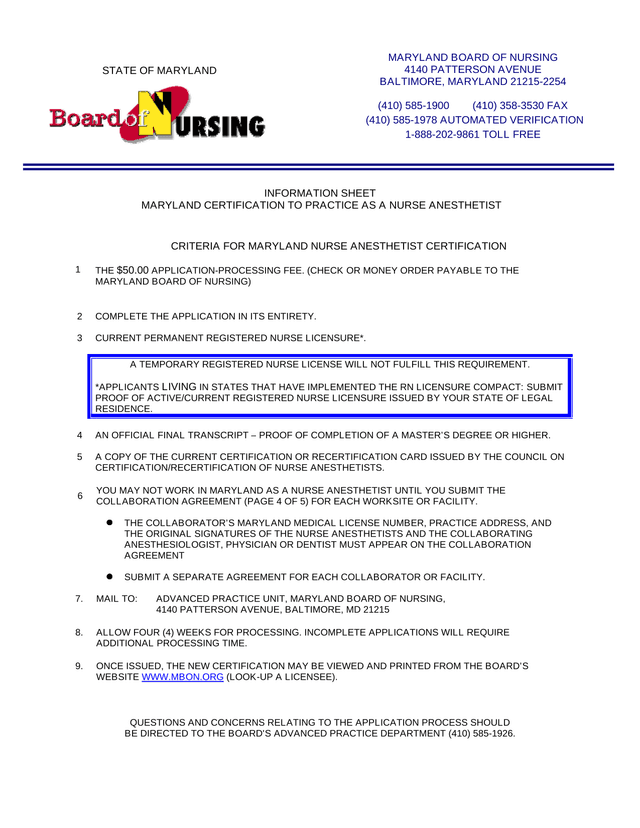 Maryland Certification To Practice As A Nurse Anesthetist screenshot