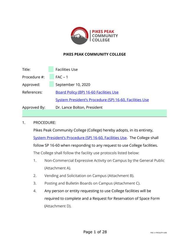 Facilities Use screenshot