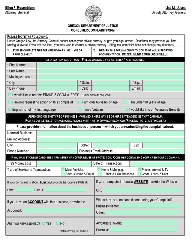 OREGON DEPARTMENT OF JUSTICE CONSUMER COMPLAINT FORM screenshot