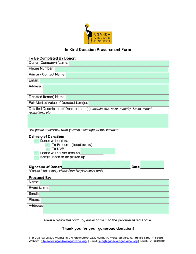 In Kind Donation Procurement Form screenshot